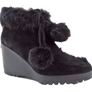 COACH Kataya Black Suede Rabbit Fur‎ Trim Lace Up Wedge Booties